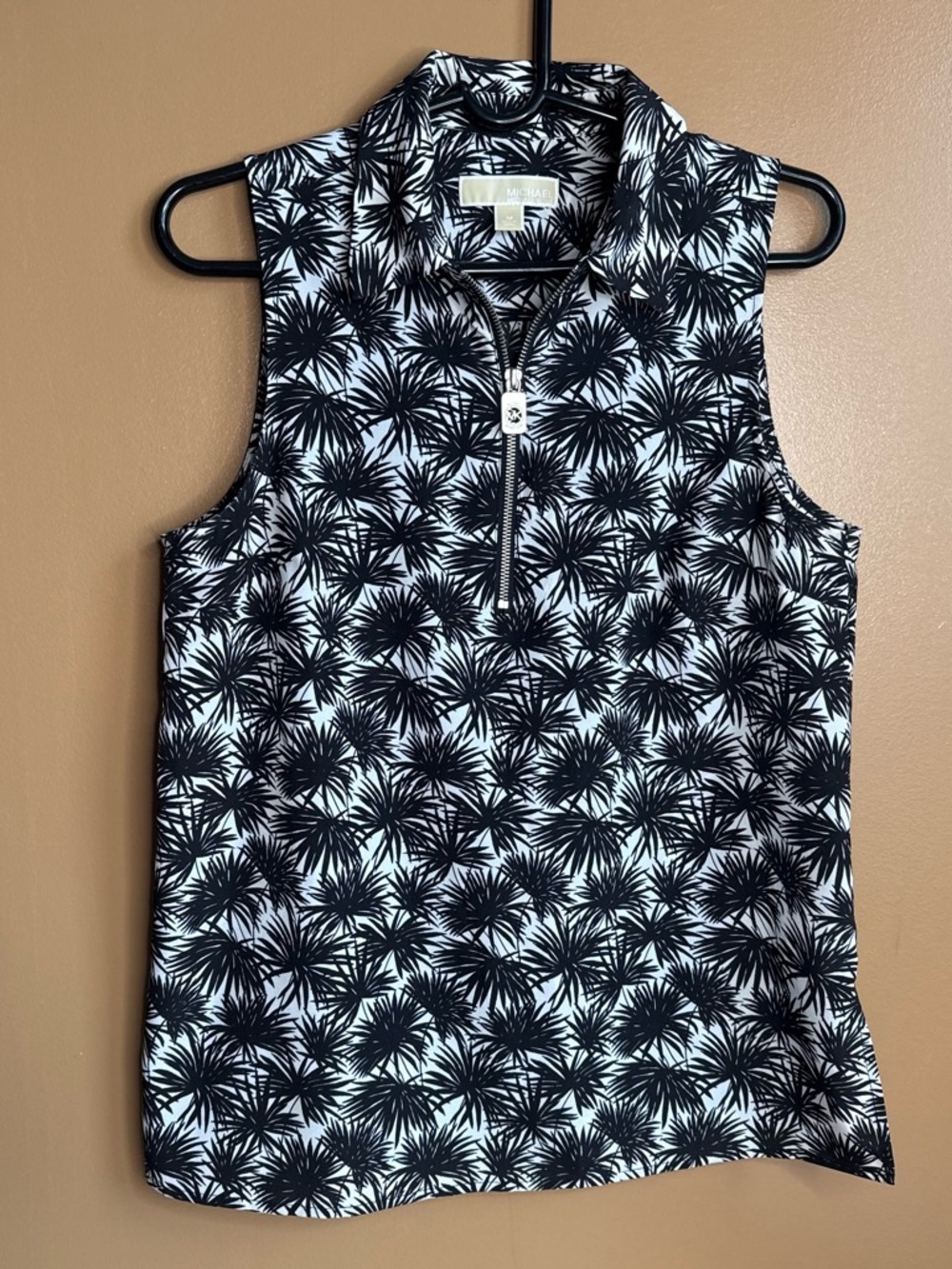 Michael Kors Black & White Palm-Print Sleeveless Zip Polo Tank